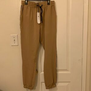Waisted Women’s Joggers with Black Side Stripes  Color Camel Size L NWT